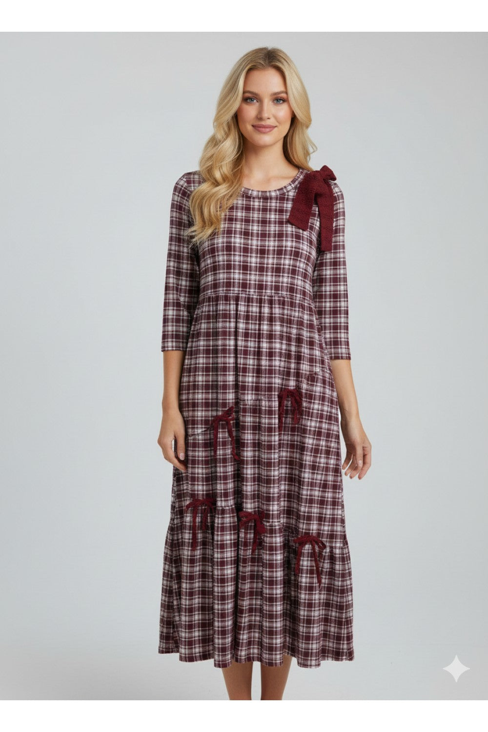 Burgundy plaid and bows 3/4 sleeve dress by ModestAndDevoted, featuring a modest design with bow accents and comfort fit.