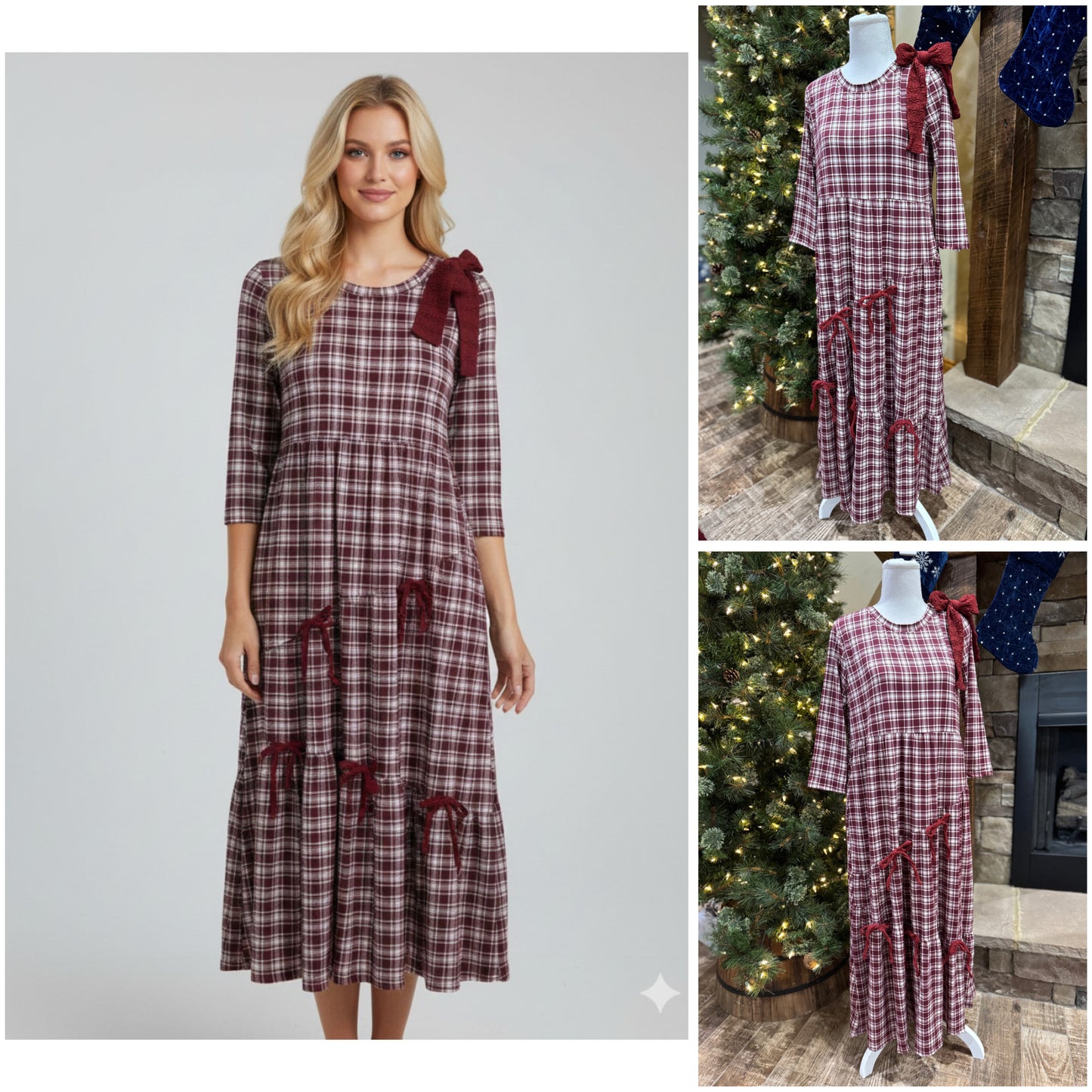 Burgundy plaid and bows 3/4 sleeve dress by ModestAndDevoted, featuring a modest design with bow accents and comfortable fit.