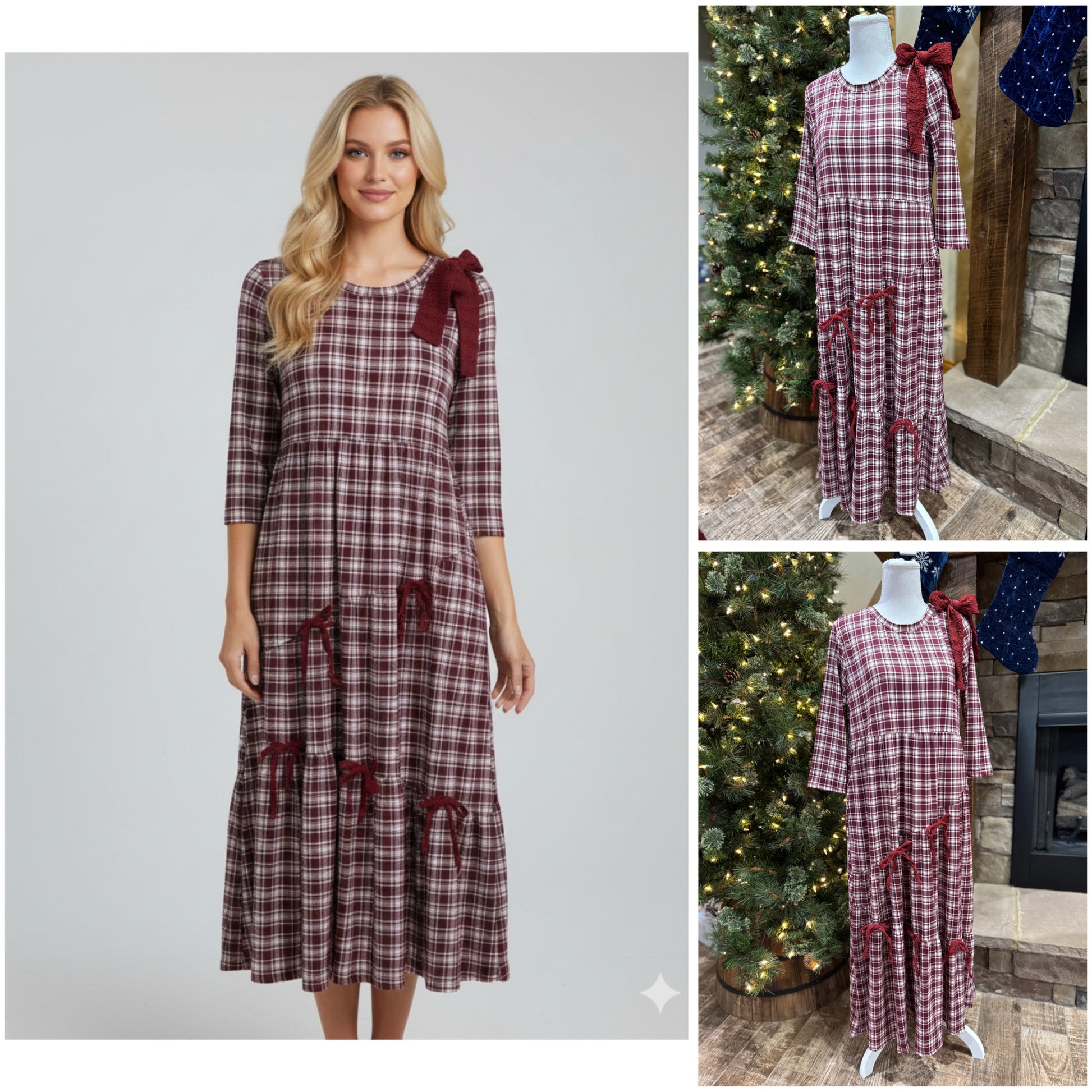 Burgundy plaid and bows 3/4 sleeve dress by ModestAndDevoted, featuring a modest design with bow accents and comfortable fit.