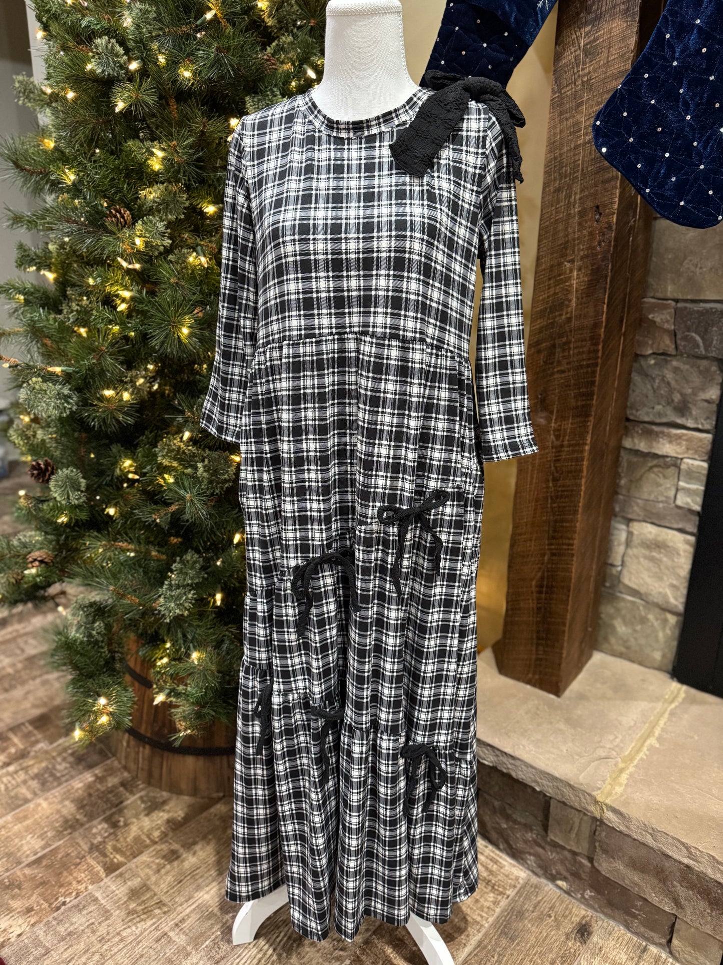Burgundy plaid and bows 3/4 sleeve dress by ModestAndDevoted, featuring a modest design with bow accents and stylish plaid pattern.