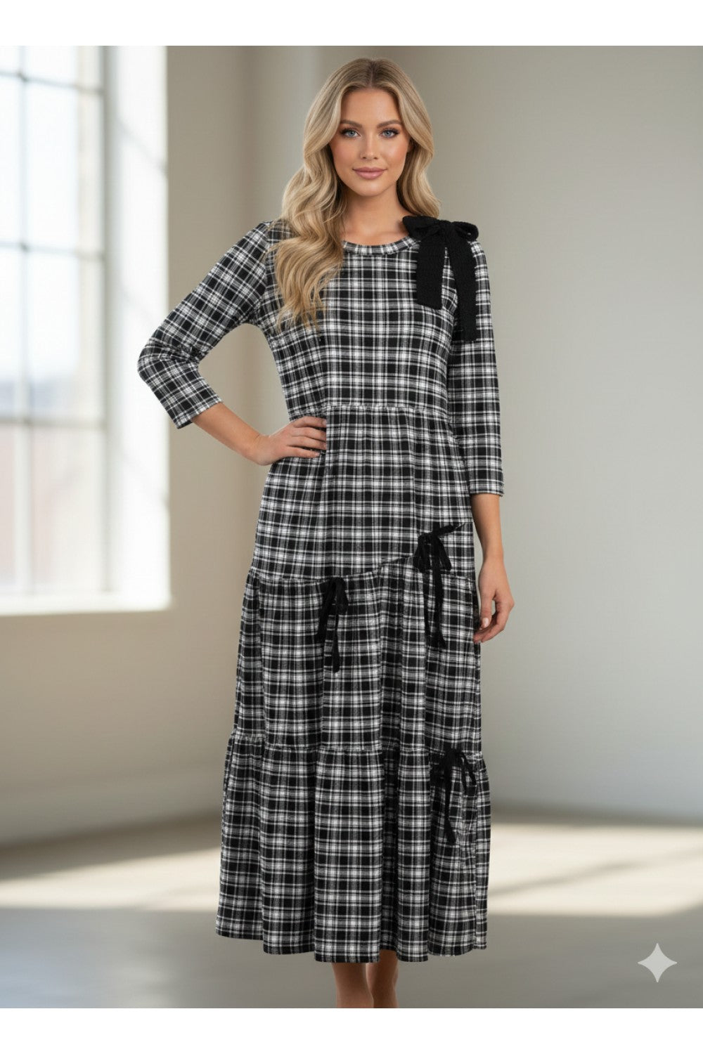 Burgundy plaid and bows 3/4 sleeve dress by ModestAndDevoted, featuring a stylish, modest design with bow accents and plaid pattern.