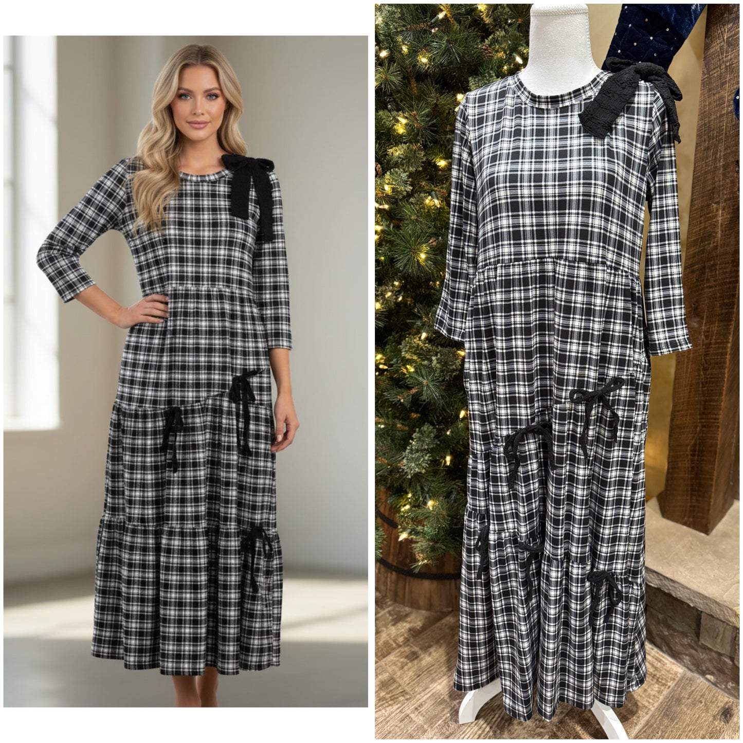 Burgundy plaid and bows 3/4 sleeve dress by ModestAndDevoted, featuring a stylish, modest design with bow accents and plaid pattern.