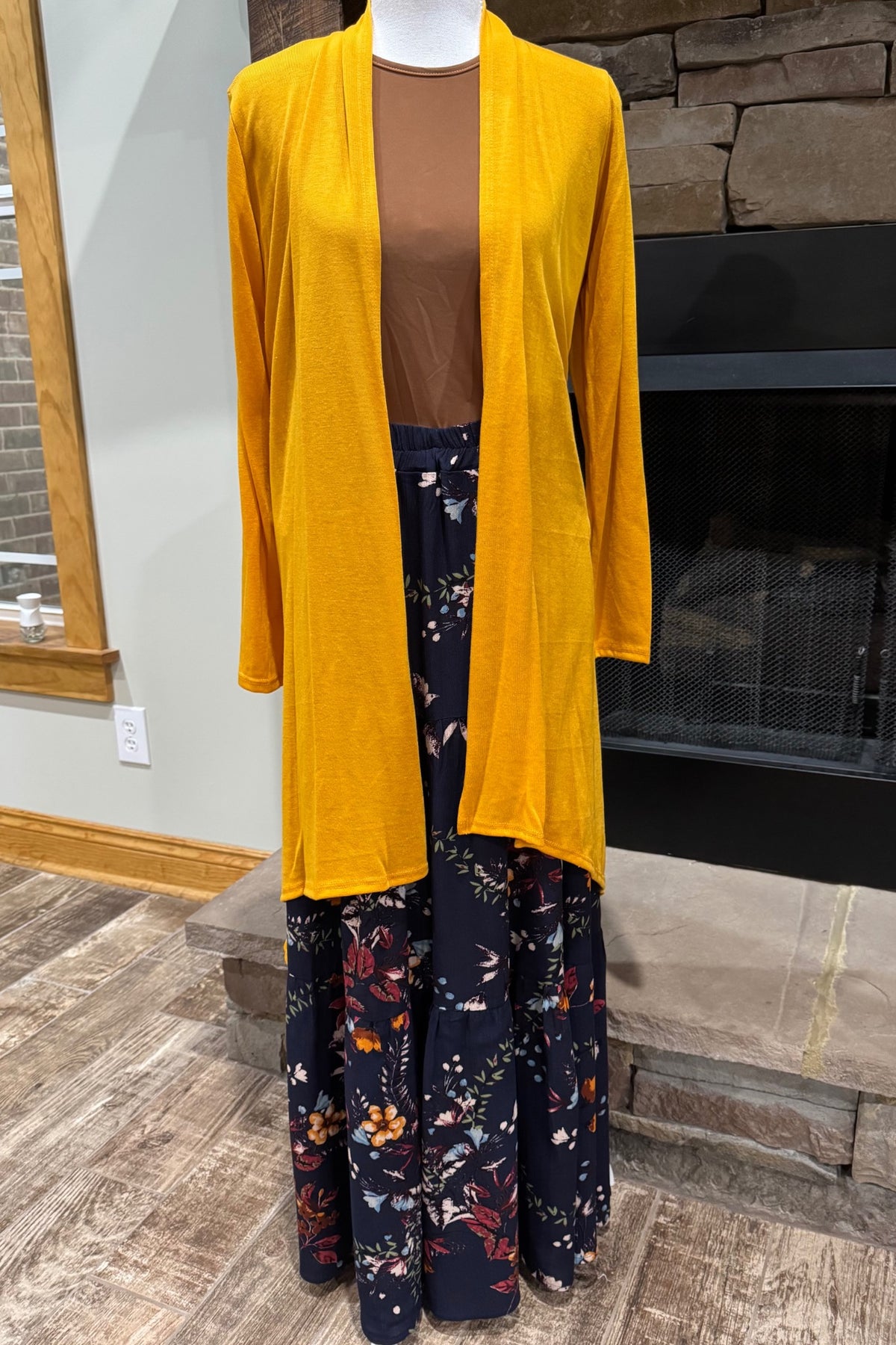 Mustard long sleeve layering cardigan from ModestAndDevoted, featuring a longline design and soft knit fabric.