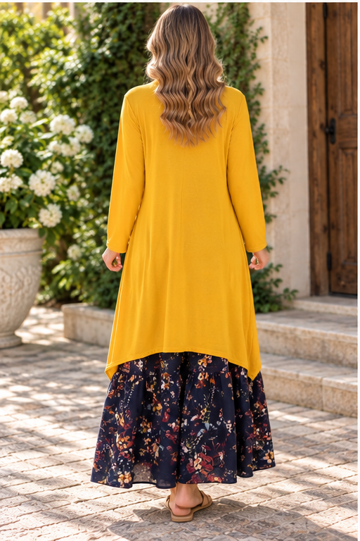 Back view of ModestAndDevoted mustard long sleeve layering cardigan, showcasing its soft fabric and relaxed fit.