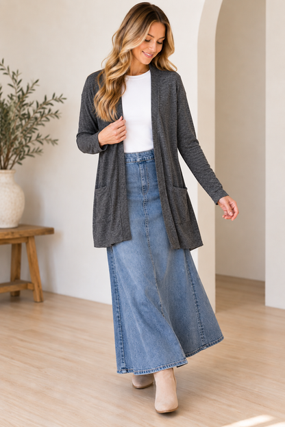 Heathered charcoal gray long sleeve cardigan from ModestAndDevoted, perfect for layering and casual wear.