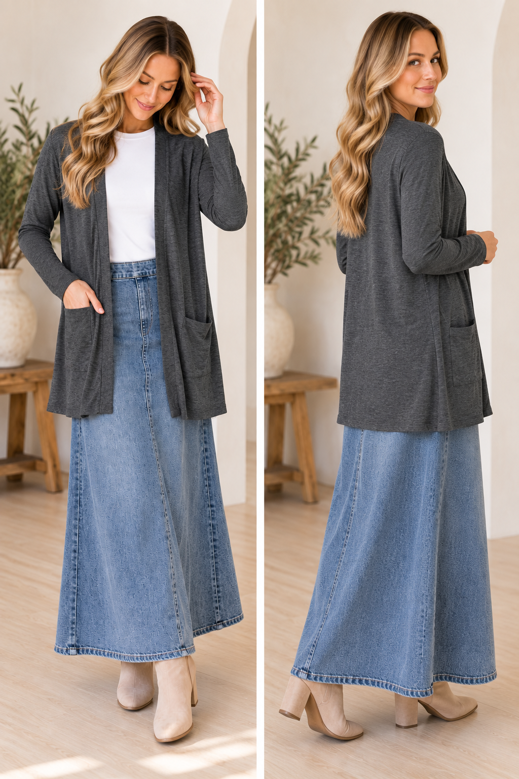 Heathered charcoal gray long sleeve layering cardigan by ModestAndDevoted, featuring a soft knit fabric and relaxed fit.
