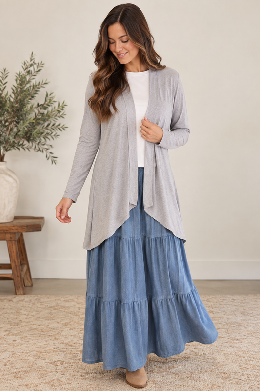 Silver long sleeve layering cardigan by ModestAndDevoted, featuring a soft knit fabric and a relaxed fit.