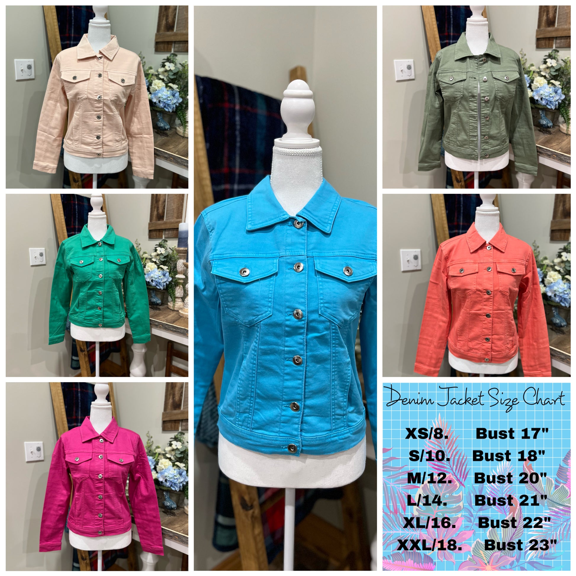 Green apple colored stretch denim jacket by ModestAndDevoted, shown in small size with classic denim design and vibrant color.