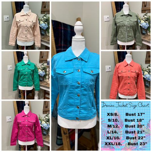 Green apple colored stretch denim jacket by ModestAndDevoted, shown in small size with classic denim design and vibrant color.