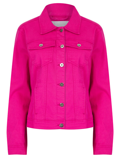 Green colored stretch denim jacket by ModestAndDevoted, casual denim jacket with fitted style and button closure.