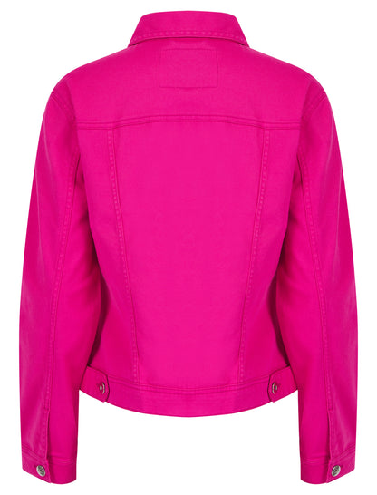Green apple colored stretch denim jacket by ModestAndDevoted, shown in X-small size with classic denim styling.