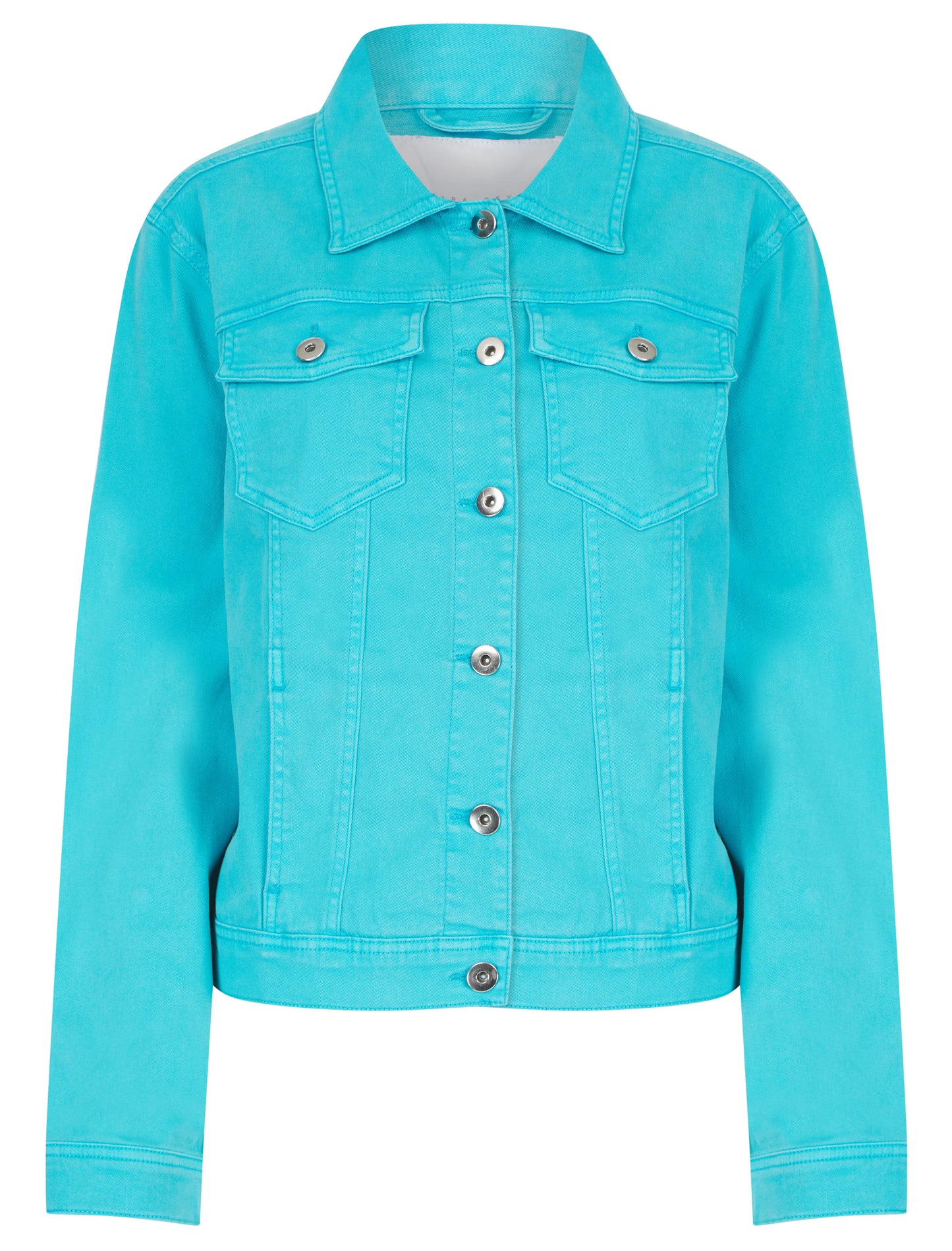 ModestAndDevoted green apple colored stretch denim jacket, small size, casual style with front pockets and button closure.