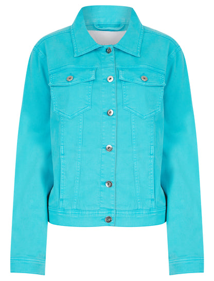 ModestAndDevoted green apple colored stretch denim jacket, small size, casual style with front pockets and button closure.
