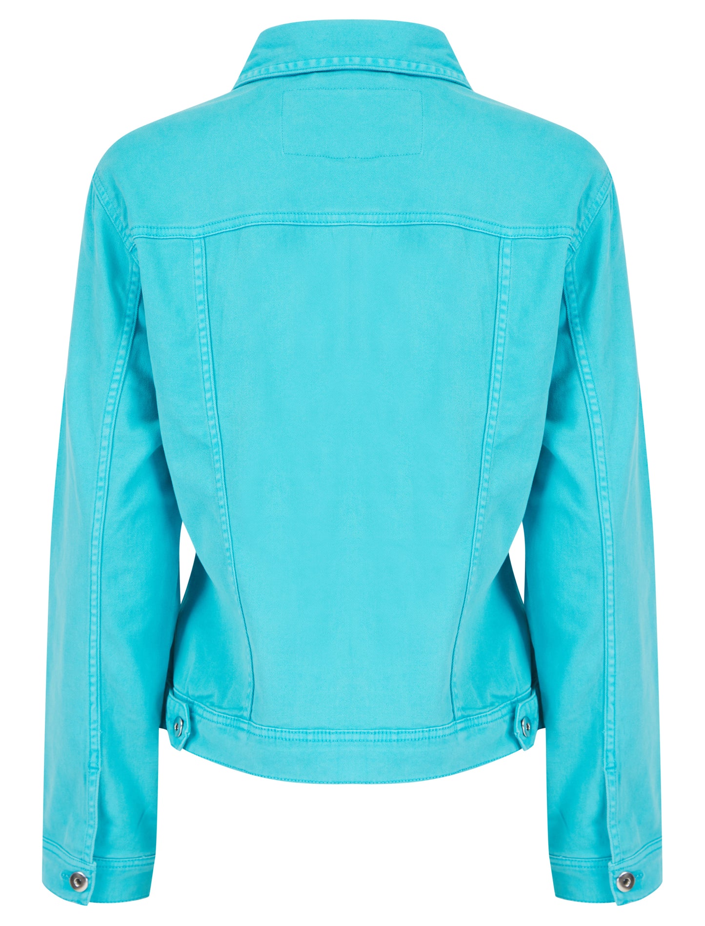 Green colored stretch denim jacket by ModestAndDevoted, featuring a classic denim jacket design with a fitted style.