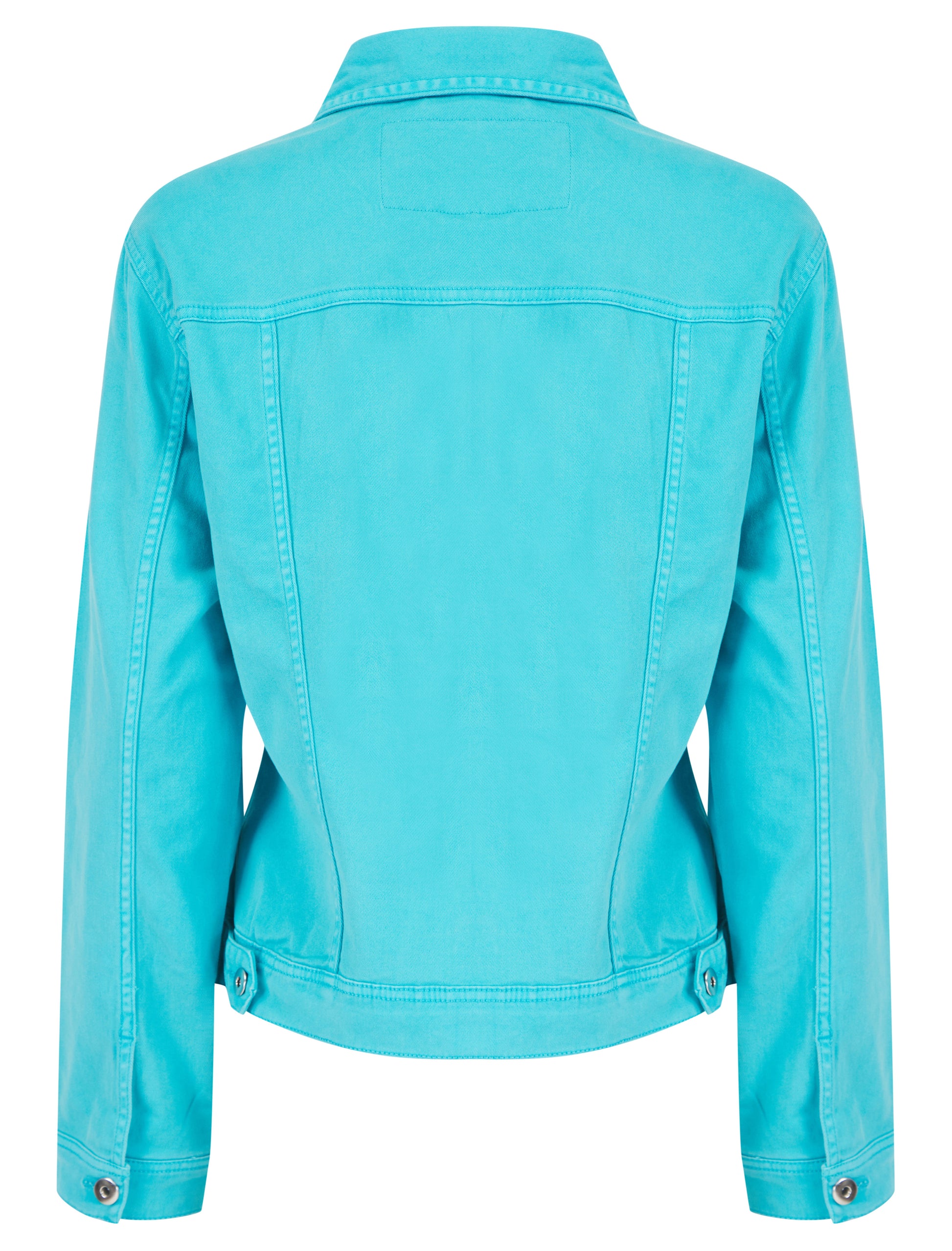 Green colored stretch denim jacket by ModestAndDevoted, featuring a classic denim jacket design with a fitted style.