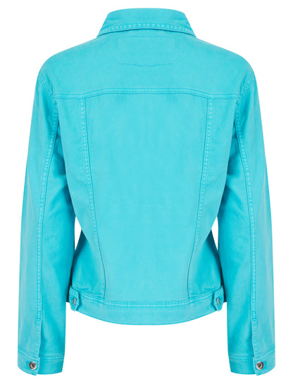 Green colored stretch denim jacket by ModestAndDevoted, featuring a classic denim jacket design with a fitted style.