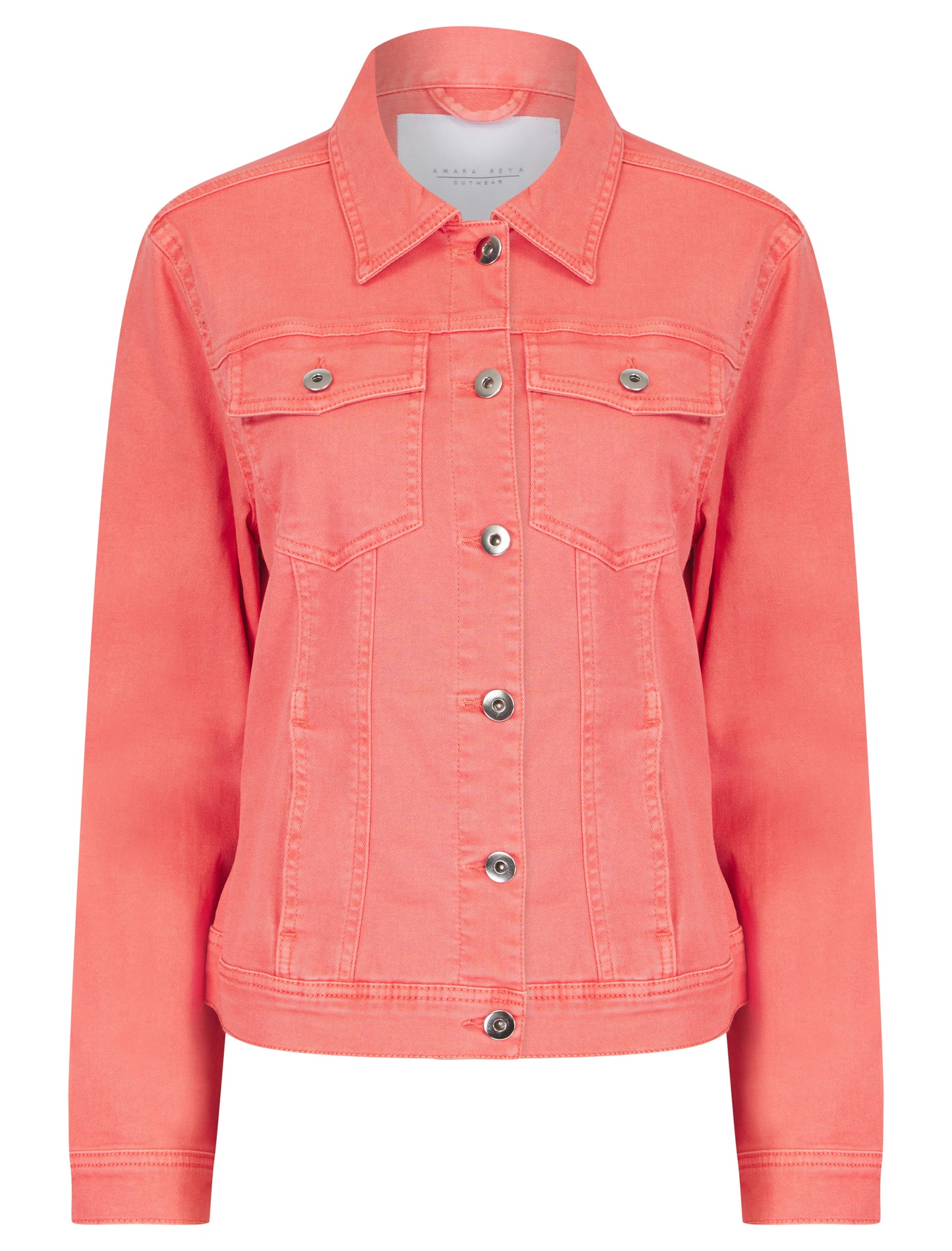 Green-colored stretch denim jacket by ModestAndDevoted, shown in small size with classic denim design and button-front closure.