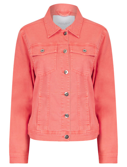 Green-colored stretch denim jacket by ModestAndDevoted, shown in small size with classic denim design and button-front closure.