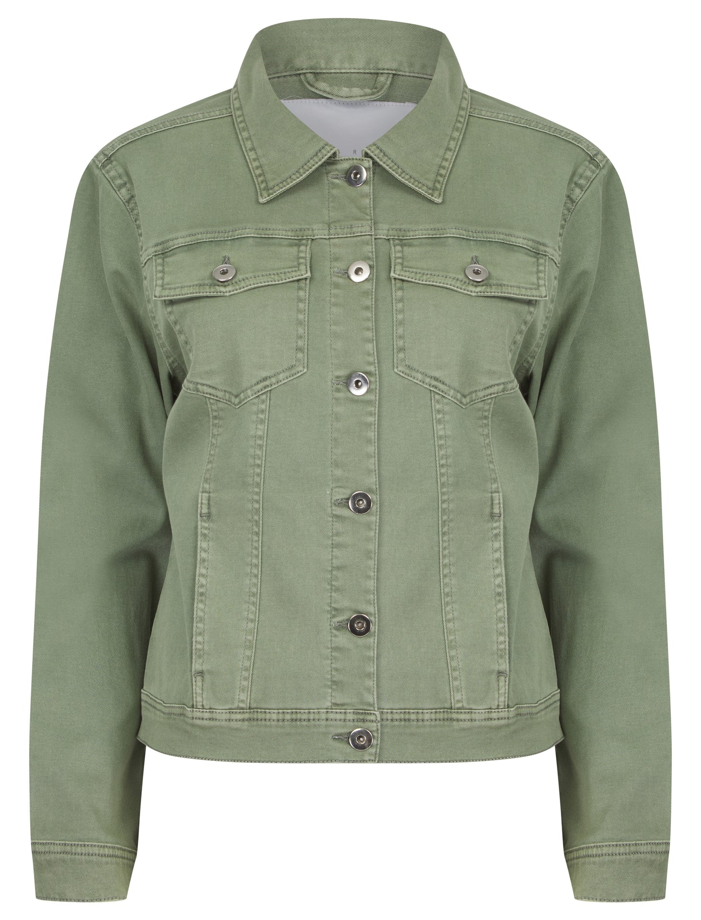 Green apple colored stretch denim jacket by ModestAndDevoted, featuring a fitted design and classic denim styling.