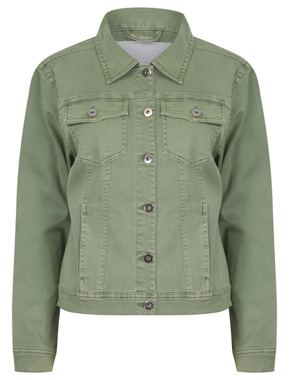 Green apple colored stretch denim jacket by ModestAndDevoted, featuring a fitted design and classic denim styling.