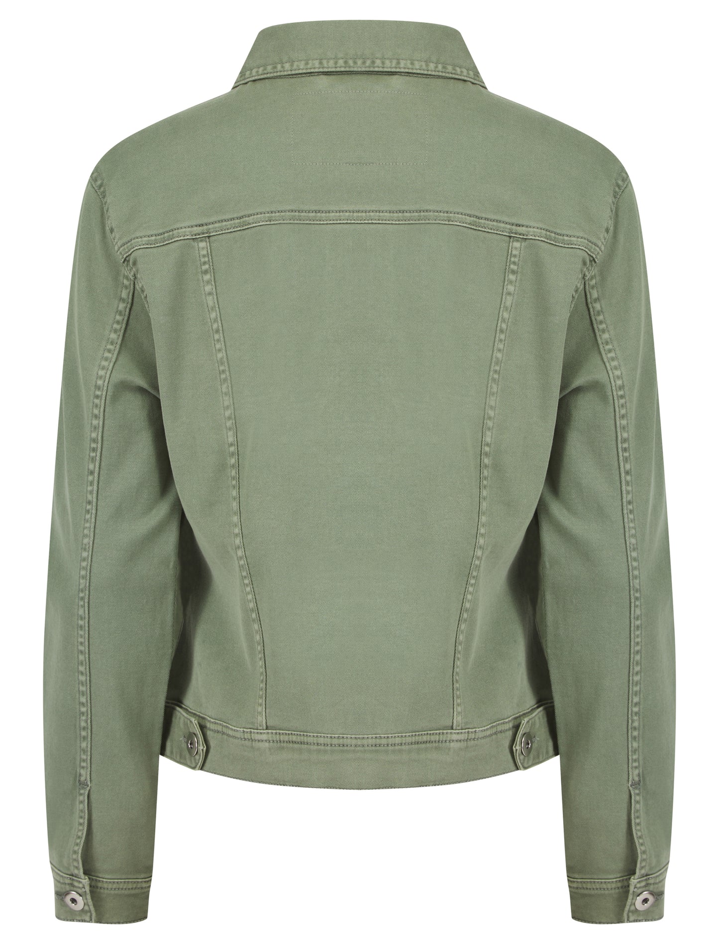 Green-colored stretch denim jacket by ModestAndDevoted, casual style with fitted design and classic denim details.