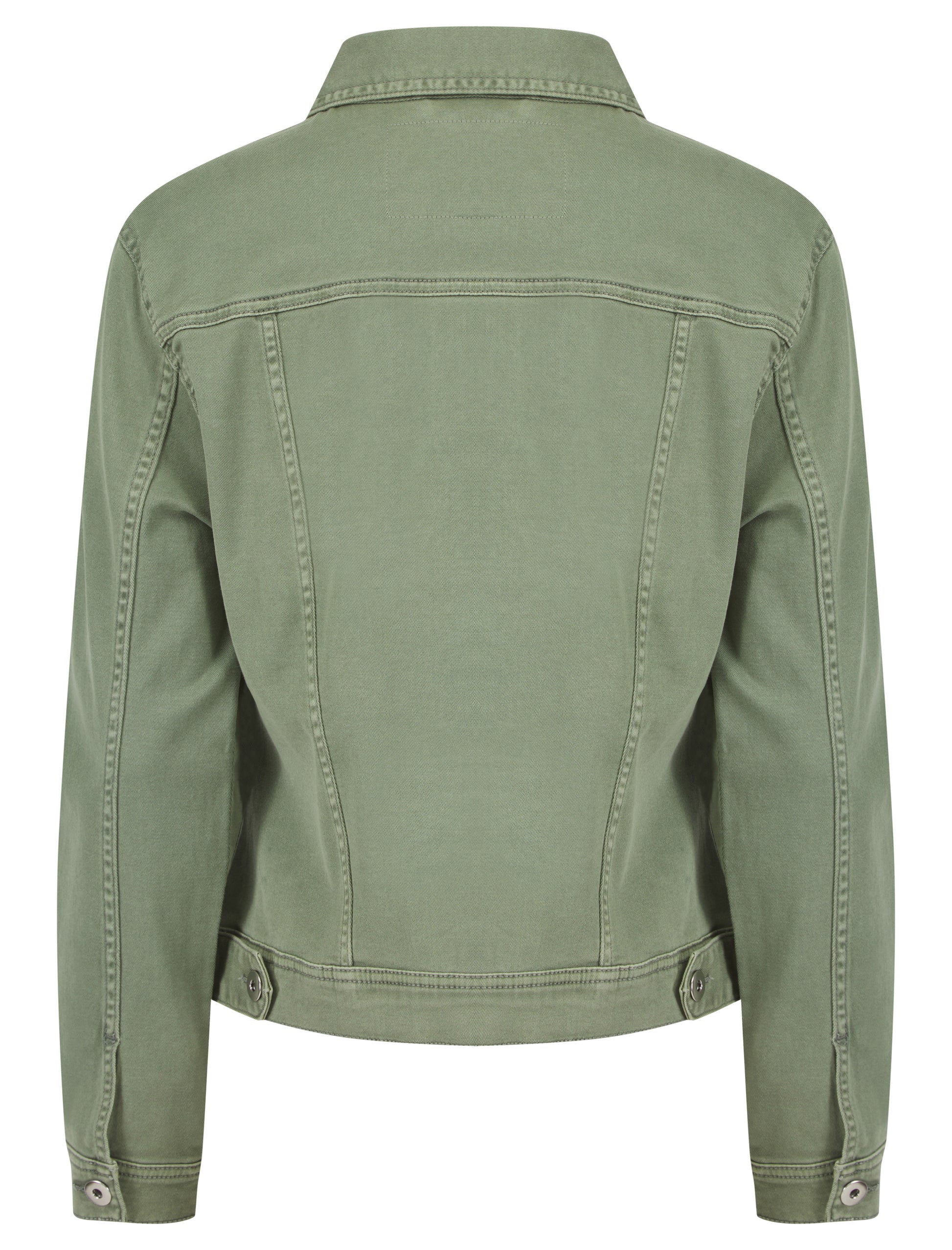 Green-colored stretch denim jacket by ModestAndDevoted, casual style with fitted design and classic denim details.