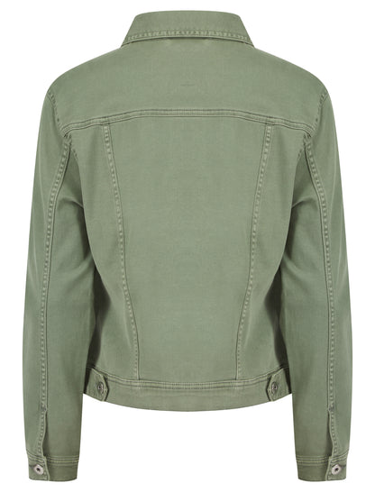 Green-colored stretch denim jacket by ModestAndDevoted, casual style with fitted design and classic denim details.