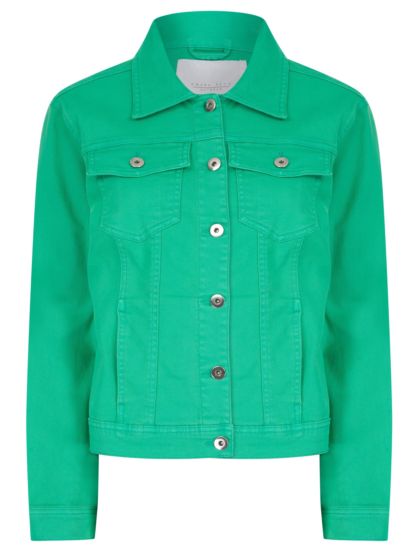Green apple colored stretch denim jacket by ModestAndDevoted, casual denim jacket with a fitted style and vibrant hue.