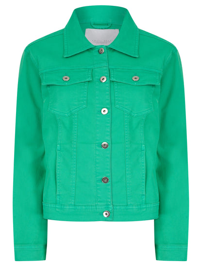 Green apple colored stretch denim jacket by ModestAndDevoted, casual denim jacket with a fitted style and vibrant hue.