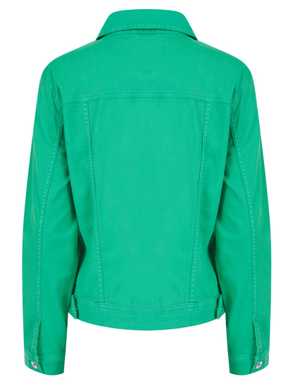 Small green apple colored stretch denim jacket by ModestAndDevoted, stylish and fitted denim jacket for casual wear