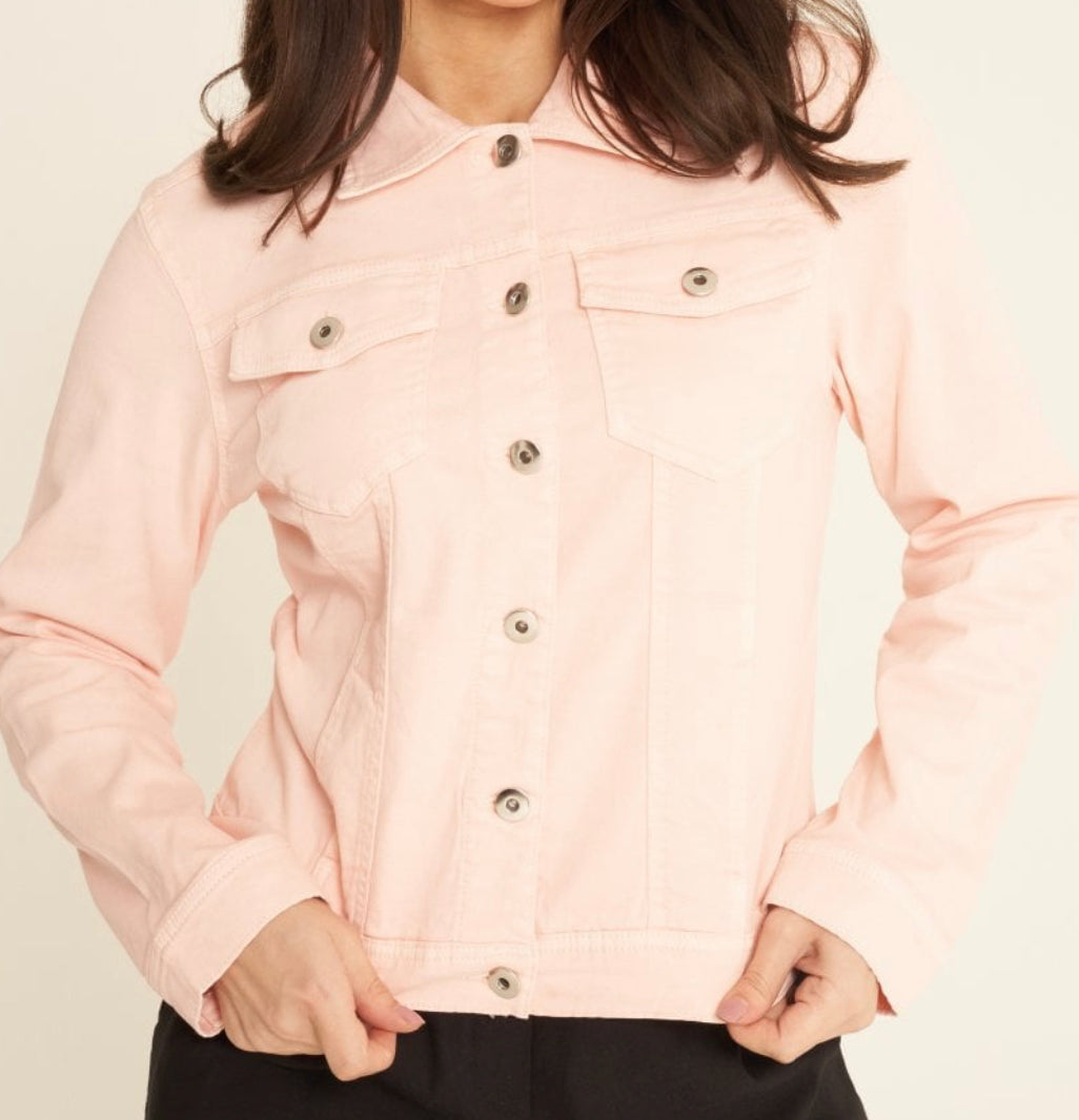 Small green apple-colored stretch denim jacket by ModestAndDevoted, featuring classic denim style and vibrant color.
