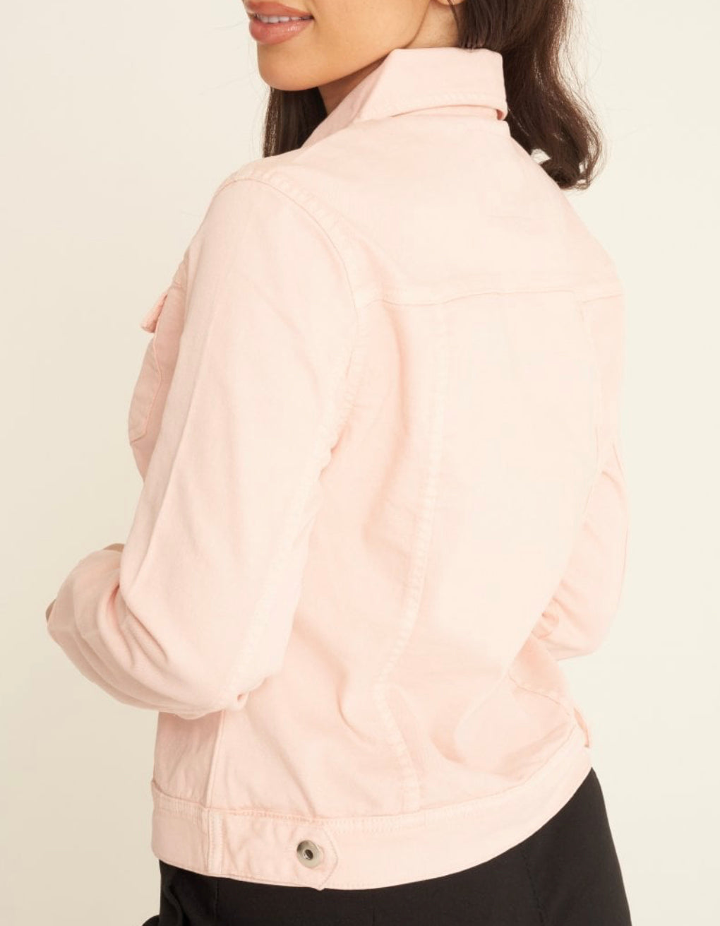 Green-colored stretch denim jacket by ModestAndDevoted, shown in a small size with classic denim style and vibrant color.