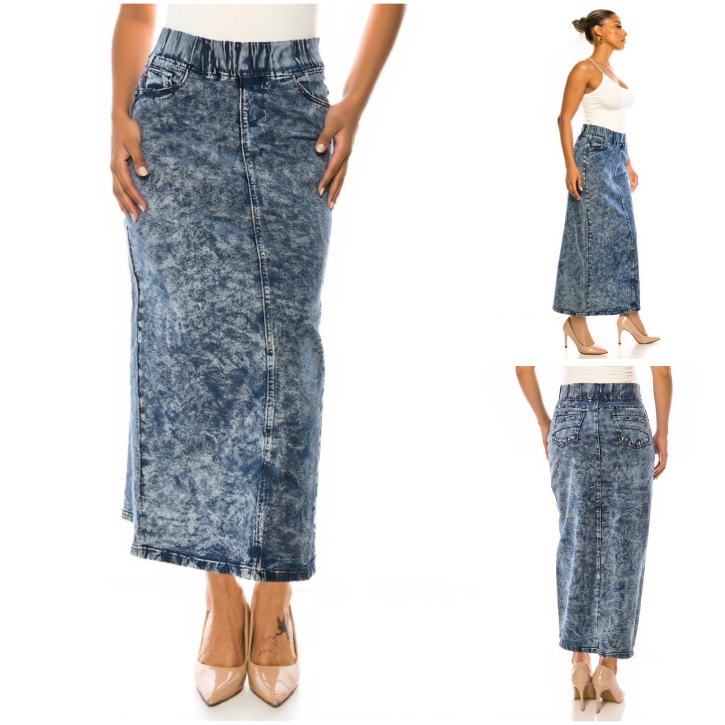 Plus size dark acid wash denim maxi skirt with elastic waist by ModestAndDevoted, featuring a flowing length and casual style.