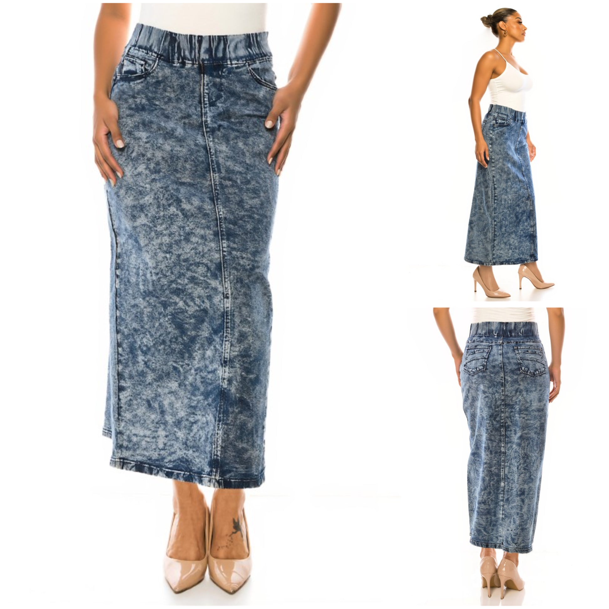 Plus size dark acid wash denim maxi skirt with elastic waist by ModestAndDevoted, featuring a flowing length and casual style.