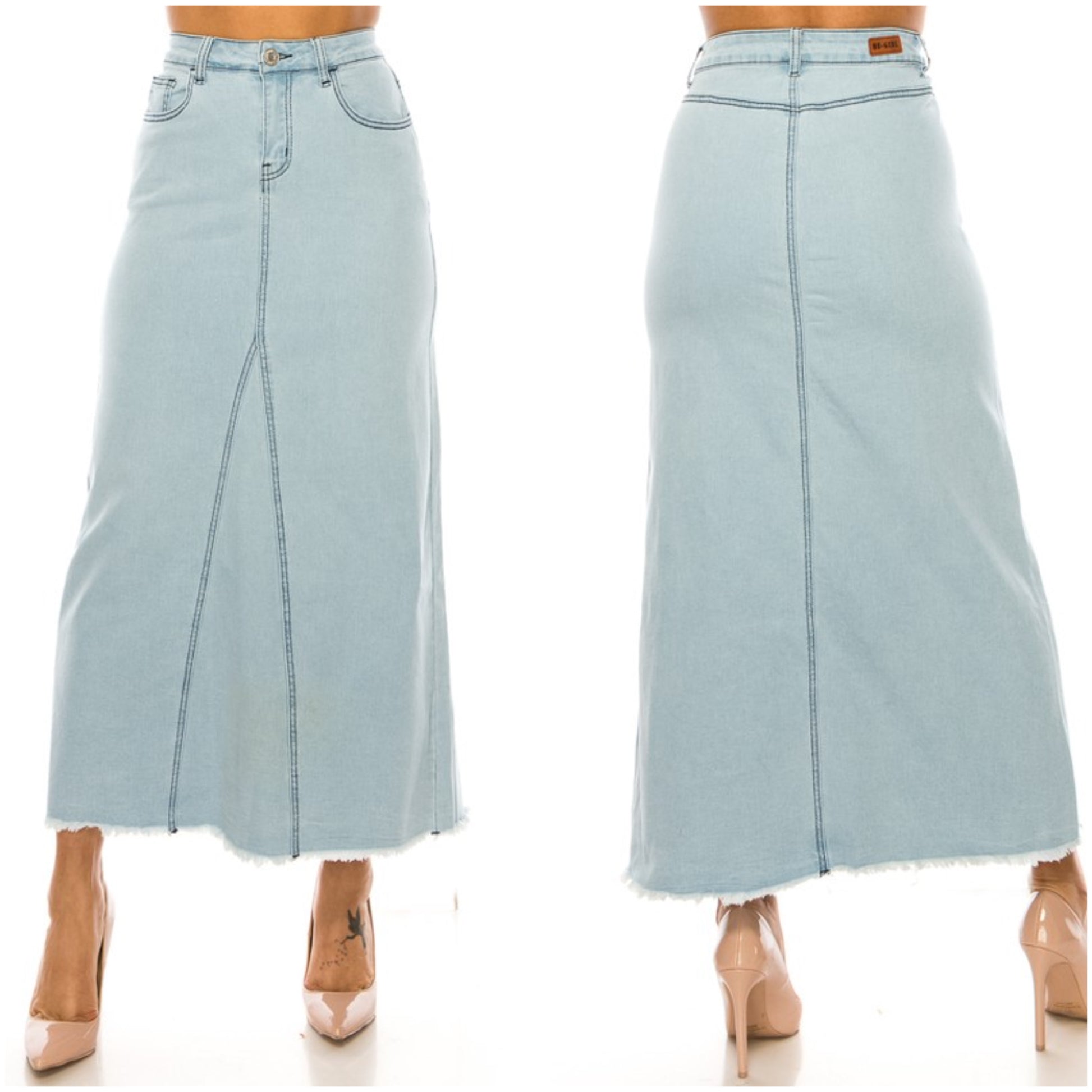 Light wash denim maxi skirt by ModestAndDevoted, Be-Girl plus size skirt in a comfortable, flowing maxi length.
