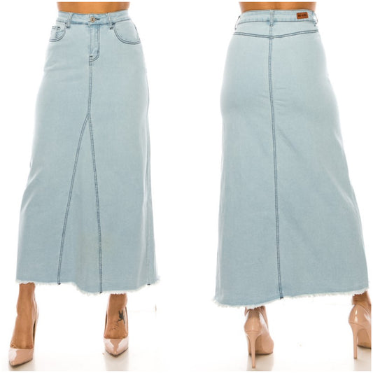 Light wash denim maxi skirt by ModestAndDevoted, Be-Girl plus size skirt in a comfortable, flowing maxi length.