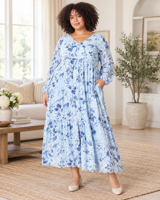 Blue denim floral Maxi Dress by ModestAndDevoted, featuring a flowing silhouette and floral pattern, displayed indoors.