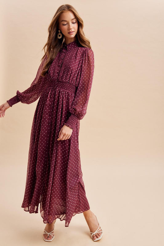 ModestAndDevoted polka dot maxi dress with pintuck pleats and elegant design, perfect for stylish, effortless wear.
