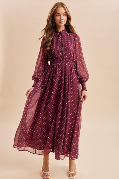 Effortlessly elegant polka dot maxi dress by ModestAndDevoted with pintuck pleats and a flowing silhouette.
