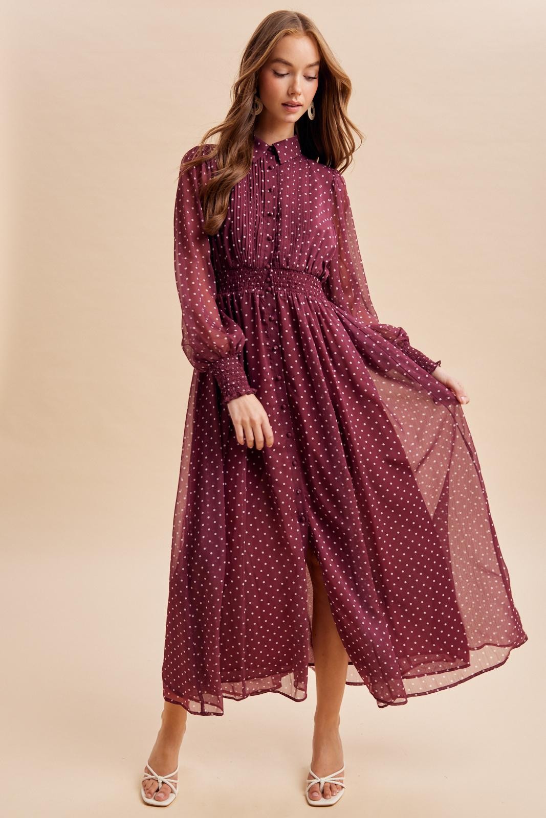 ModestAndDevoted polka dot maxi dress with pintuck pleats and elegant design, perfect for sophisticated occasions.