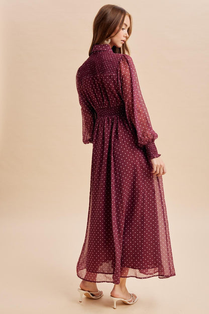 ModestAndDevoted polka dot maxi dress with pintuck pleats, featuring an elegant, flowing design and a comfortable fit.