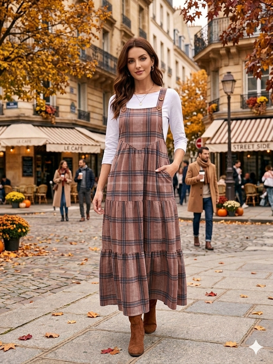 Plus size ModestAndDevoted comfy cute overall jumper dress in fall plaid, featuring a cozy, stylish dress for autumn wear.