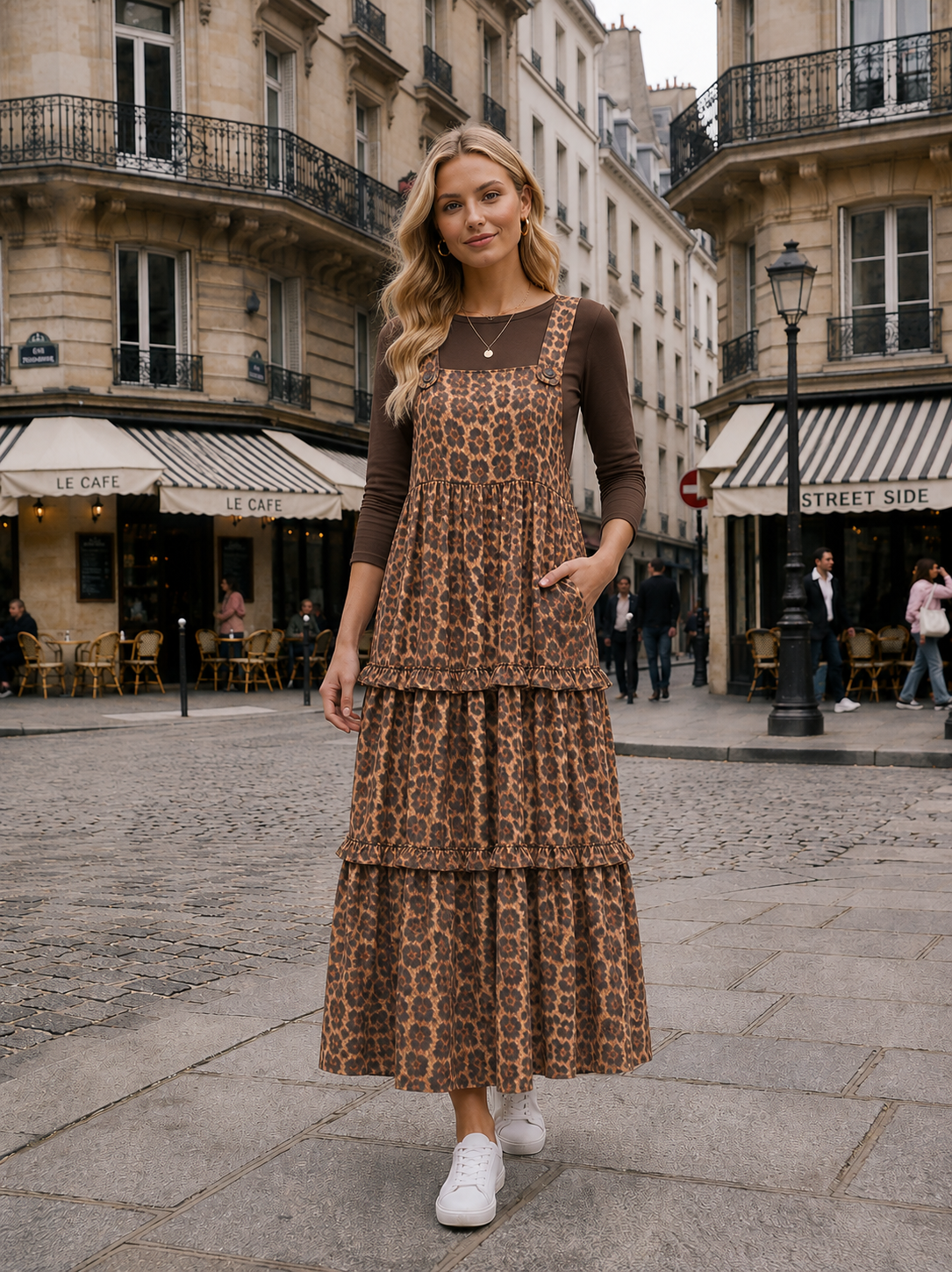 ModestAndDevoted leopard print overall jumper dress for women, featuring a comfortable and cute dress style.