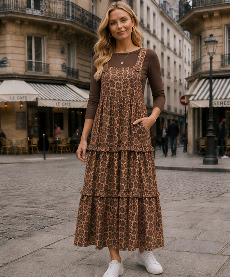 ModestAndDevoted leopard print overall jumper dress for women, featuring a comfortable, cute, and stylish dress design.