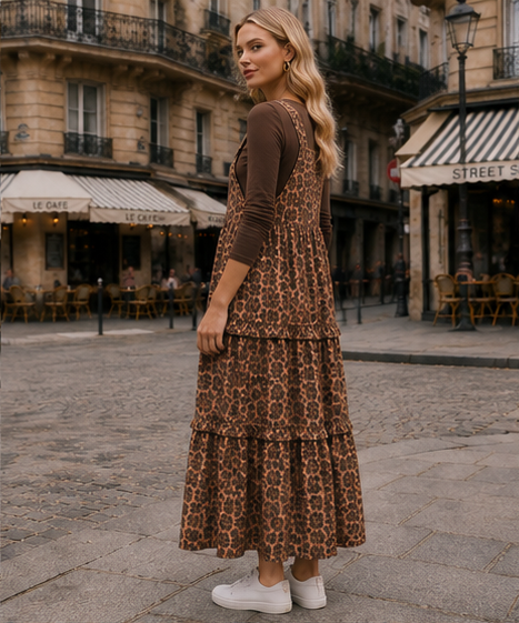 ModestAndDevoted leopard print overall jumper dress for women, featuring a comfortable and cute missy dress style.