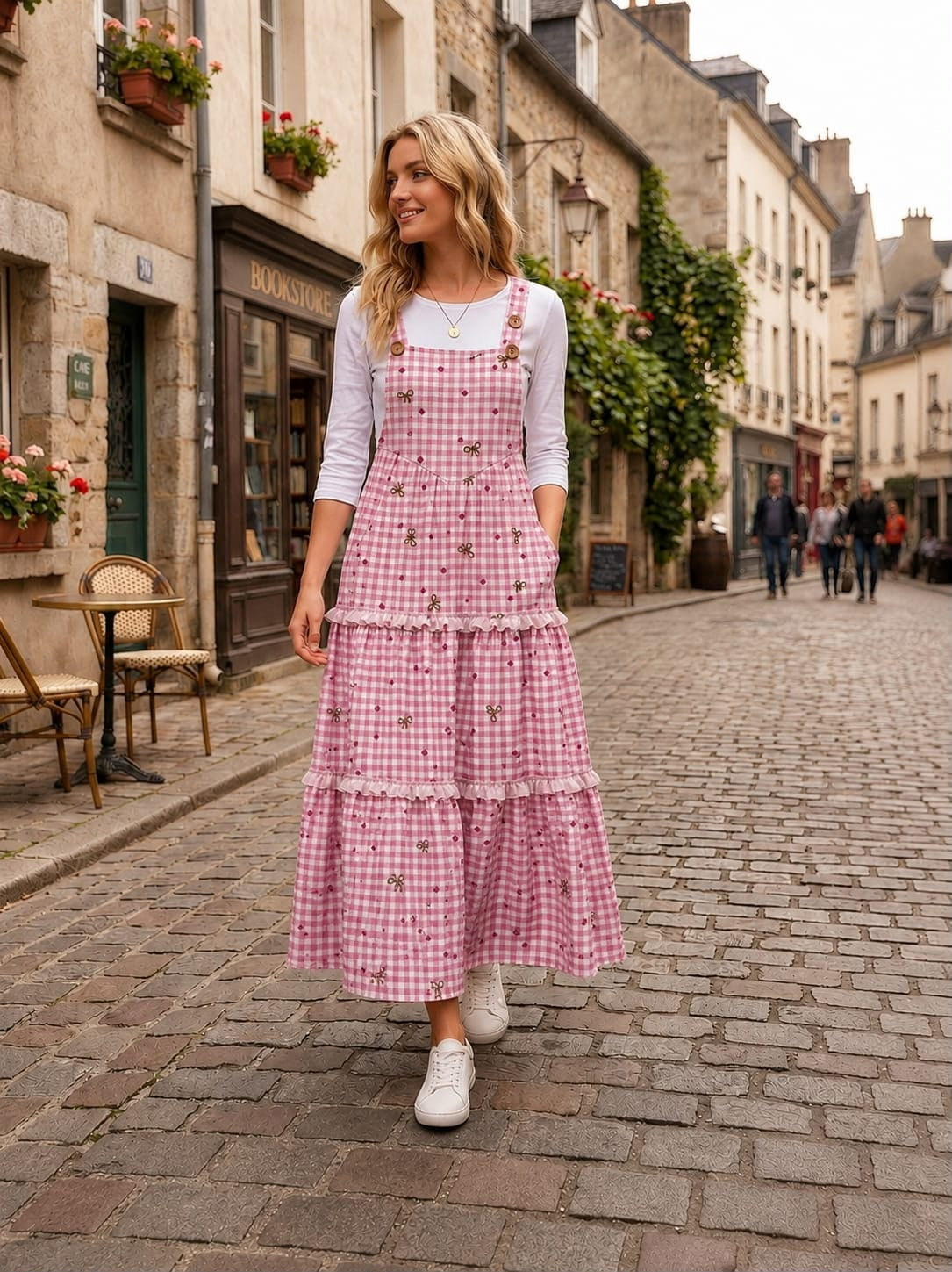 Plus-size pink check jumper dress with bow print from ModestAndDevoted, featuring a comfy and cute overall style.