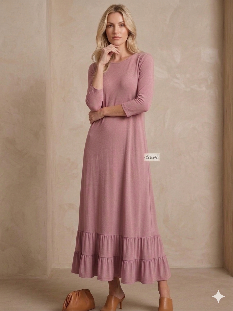 Mauve women's modest maxi dress by ModestAndDevoted, featuring elegant flowing fabric and a full-length design for a sophisticated look.