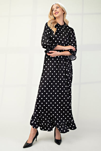 Polka dot 3/4 sleeve ruffle trim dress by ModestAndDevoted, plus size, featuring a stylish and comfortable fit.
