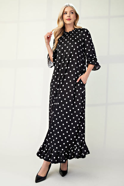 Polka dot 3/4 sleeve ruffle trim dress by ModestAndDevoted, stylish plus-size dress with feminine ruffle details and comfortable fit.