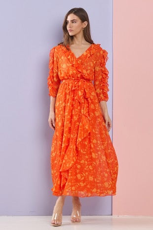 Orange Mist ruffle-sleeved chiffon maxi dress by Kate & Lily, flowing design with elegant ruffle details, perfect for summer occasions.